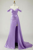 Royal Blue Off The Shoulder Mermaid Beaded Streamer Ruched Long Prom Dress with Slit