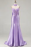 Mermaid Blue Corset Sweetheart Convertible Satin Long Prom Dress with Streamer