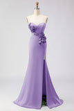 Green Strapless Mermaid 3D Flower Satin Long Prom Dress with Slit