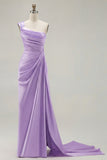 One Shoulder Green Sheath Ruched Long Prom Dress with Slit