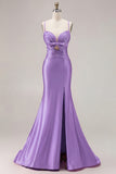 Mermaid Fuchsia Satin Cut Out Ruched Long Prom Dress with Slit