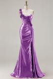 Metallic Burgundy Mermaid One Shoulder Corset 3D Flowers Long Prom Dress with Slit