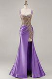 Black Mermaid Embroidered Beaded Lace Up Back Long Prom Dress with Slit