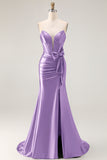 Navy Mermaid Strapless Corset Beaded Satin Long Prom Dress with Bow