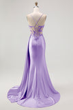 Champagne Mermaid Corset Streamer Beaded Ruched Long Prom Dress with Slit
