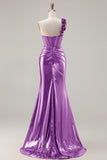 Metallic Burgundy Mermaid One Shoulder Corset 3D Flowers Long Prom Dress with Slit