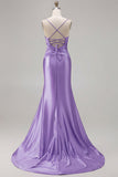 Mermaid Fuchsia Satin Cut Out Ruched Long Prom Dress with Slit
