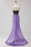 Black Green Strapless Mermaid Lace Appliqued Ruched Long Prom Dress with Slit