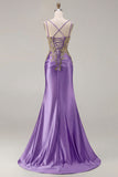 Black Mermaid Embroidered Beaded Lace Up Back Long Prom Dress with Slit