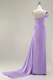 One Shoulder Green Sheath Ruched Long Prom Dress with Slit