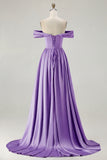 Off the Shoulder A Line Blue Satin Long Bridesmaid Dress with Slit