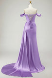 Royal Blue Off The Shoulder Mermaid Beaded Streamer Ruched Long Prom Dress with Slit