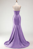 Burgundy Mermaid Sweetheart Corset Beaded Ruched Long Prom Dress with Slit