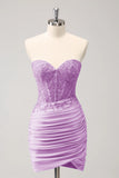 Glitter Fuchsia Tight Sweetheart Corset Short Pleated Homecoming Dress with Beading