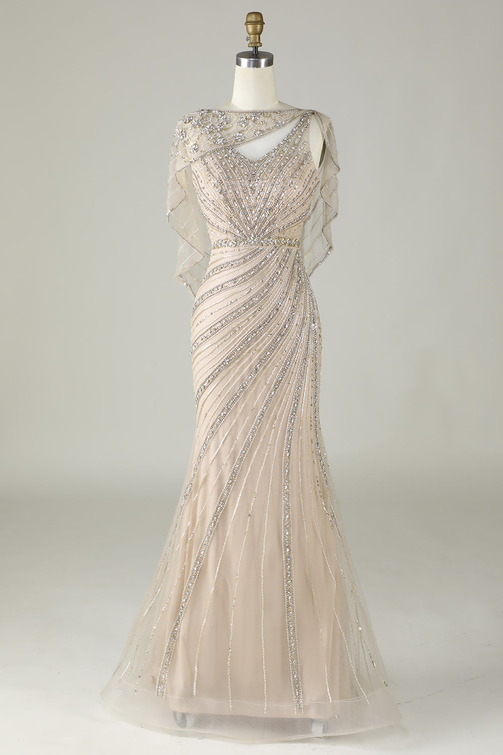 champagne beaded maxi dress Champagne Glitter Maxi Dress with High Slit and Beaded Floral Detailing Embellished Gown with Sheer Tulle Train Plus Size Size 12 / Champagne