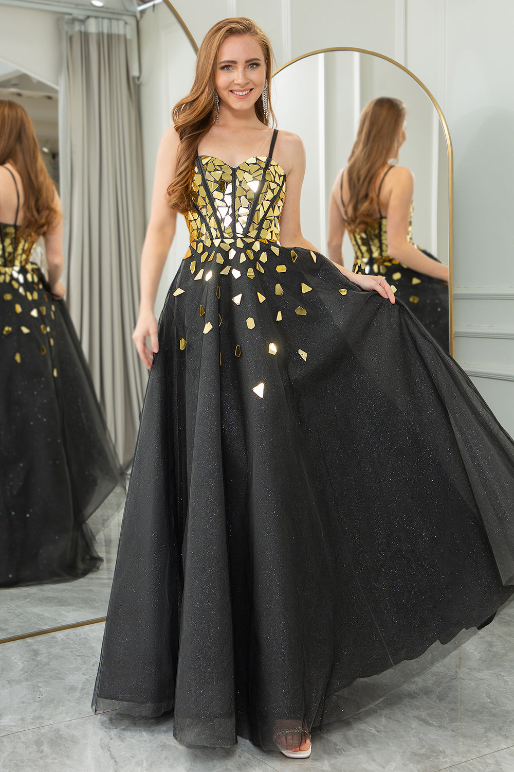Black Golden A Line Spaghetti Straps Sequins Long Corset Mirror Prom Dress