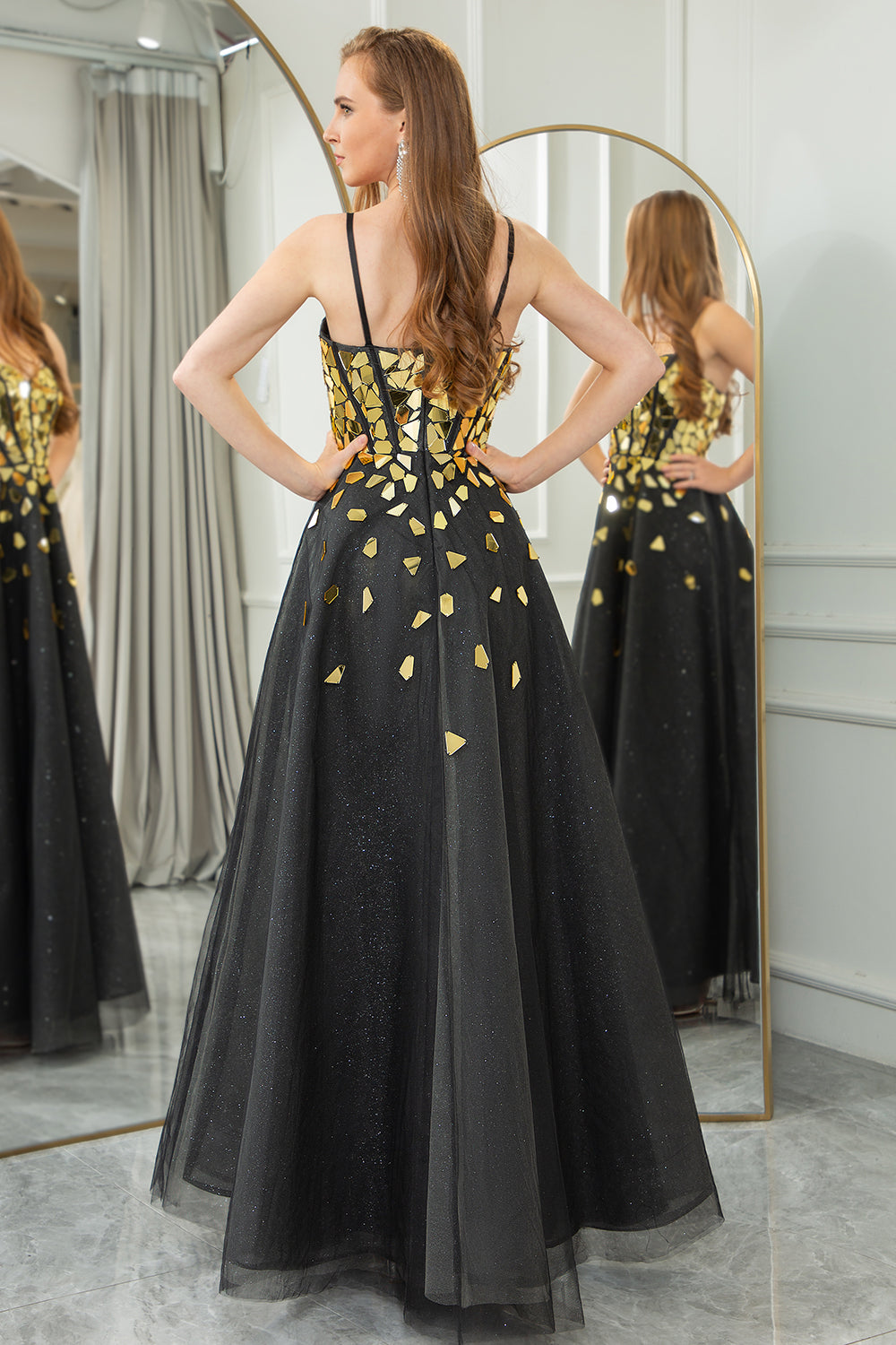 Wedtrend Women Black Golden Mirror Prom Dress A Line Spaghetti Straps Sequins Long Corset Evening Dress WEDTREND Wedtrend Women Black Golden Mirror Prom Dress A Line Spaghetti Straps Sequins Long Corset Evening Dress WEDTREND
