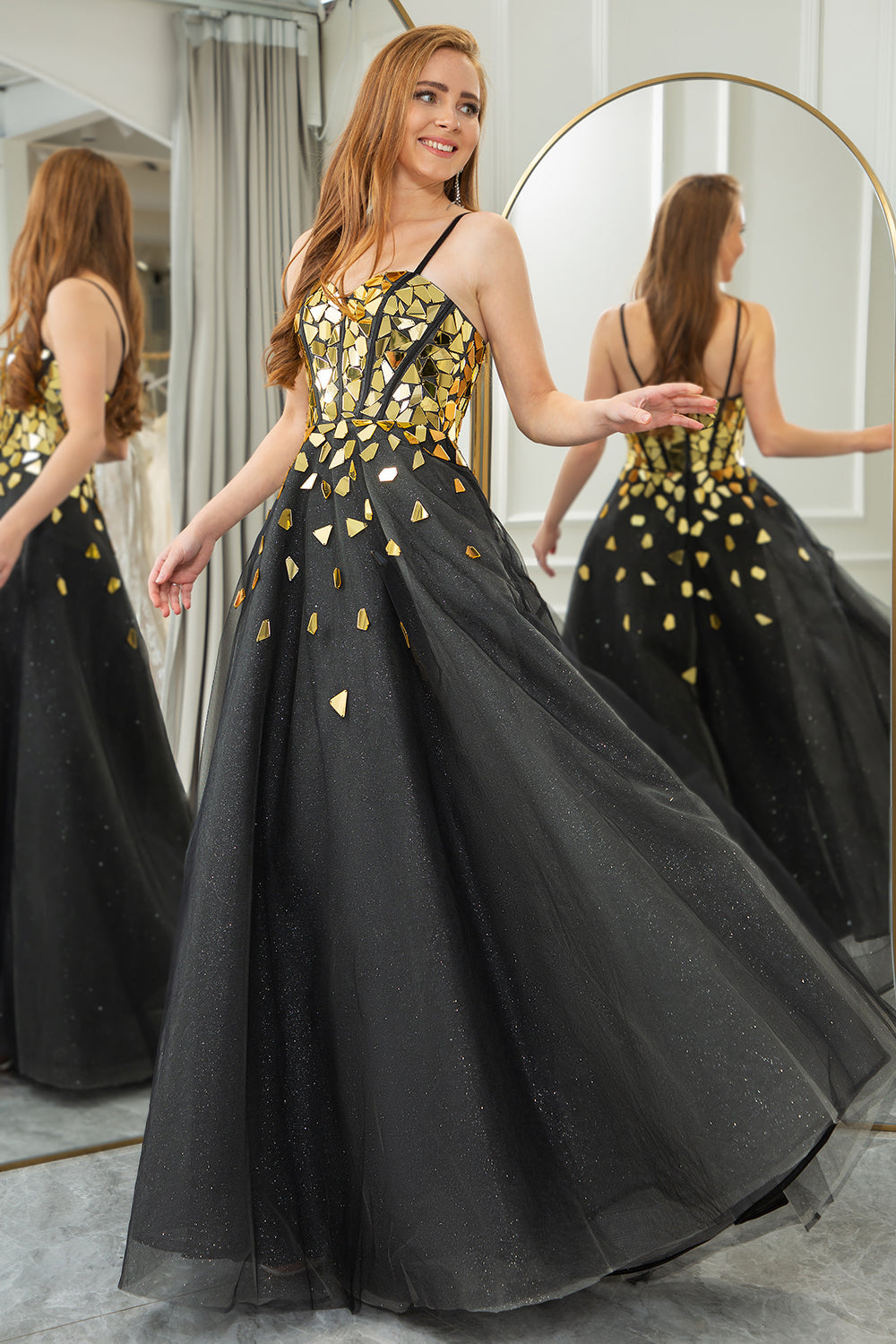 Black Golden A Line Spaghetti Straps Sequins Long Corset Mirror Prom Dress