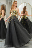 Black Golden A Line Spaghetti Straps Sequins Long Corset Mirror Prom Dress