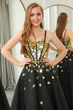 Black Golden A Line Spaghetti Straps Sequins Long Corset Mirror Prom Dress