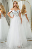 Pure White A Line Off the Shoulder Long Corset Mirror Prom Dress