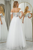 Pure White A Line Off the Shoulder Long Corset Mirror Prom Dress
