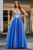 Royal Blue A-Line Sweetheart Broken Mirrors Corset Long Prom Dress