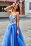 Royal Blue A-Line Sweetheart Broken Mirrors Corset Long Prom Dress