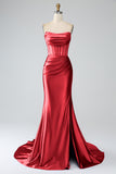 Mermaid Strapless Pleated Corset Long Royal Blue Prom Dress with Slit