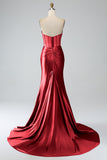 Mermaid Strapless Pleated Corset Long Royal Blue Prom Dress with Slit