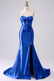 Sparkly Mermaid Sweetheart Corset Royal Blue Long Prom Dress with Slit