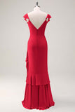 Dusty Sage Sheath V Neck Open Back Chiffon Long Bridesmaid Dress with Ruffles