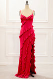 Spaghetti Straps Jade Tiered Mermaid Bridesmaid Dress With Slit