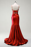 Dark Green Mermaid Spaghetti Straps Satin Prom Dress with Sheer Corset Bodice