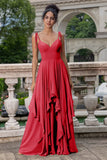 Pine A Line Spaghetti Straps Chiffon Long Asymmetrical Bridesmaid Dress with Ruffles
