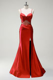 Dark Green Mermaid Spaghetti Straps Satin Prom Dress with Sheer Corset Bodice