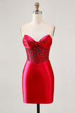 Fuchsia Strapless Bodycon Beaded Corset Homecoming Dress