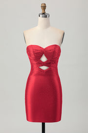 Burgundy Strapless Bodycon Satin Cut Out Short Homecoming Dress with Beading