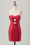 Burgundy Strapless Bodycon Satin Cut Out Short Homecoming Dress with Beading
