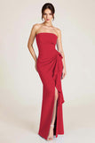 Dusty Sage Strapless Mermaid Ruched Wedding Guest Dress with Slit