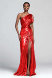 Brown One Shoulder Metallic Sheath Long Prom Dress with Slit