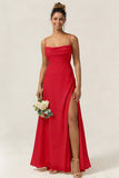Green Flower A Line Spaghetti Straps Chiffon Long Bridesmaid Dress with Slit