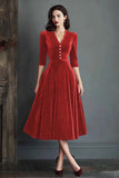 Burgundy A Line V Neck Midi Plus Size Velvet Dress with Half Sleeves
