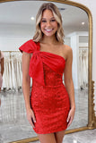 Fuchsia One Shoulder Bow Bodycon Sequin Homecoming Dress