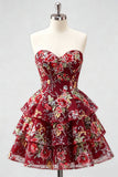 Pink Floral Sweetheart Sequin Tiered Ruffle A Line Homecoming Dress