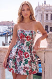 Pink Floral Jacquard Strapless A Line Homecoming Dress with Pearls