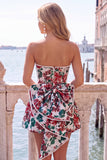 Pink Floral Jacquard Strapless A Line Homecoming Dress with Pearls