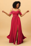 A Line Spaghetti Straps Long Chiffon Bridesmaid Dress With Slit