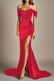 Mermaid Black Off the Shoulder Satin Evening Dress with Slit