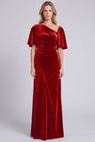 Dark Grey Asymmetrical Neck Velvet Formal Dress with Short Sleeves